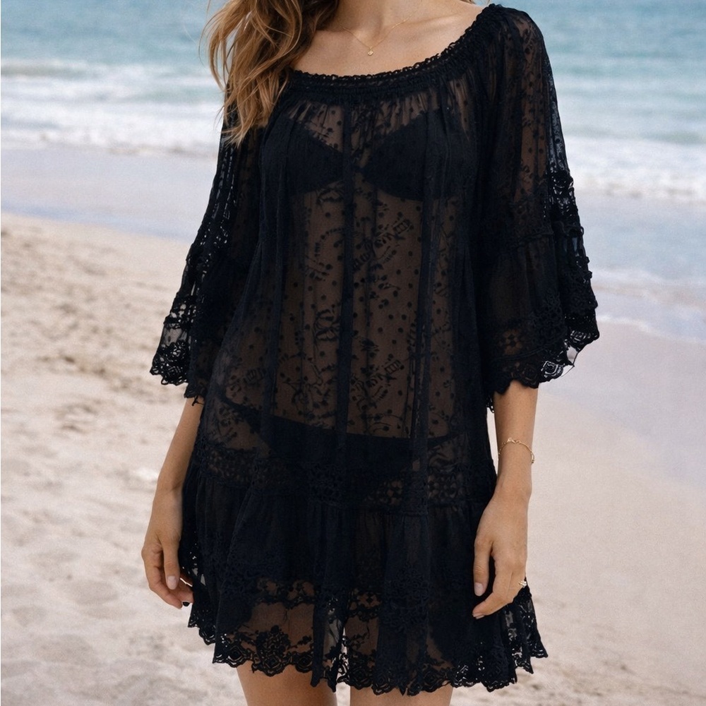 Melissa Odabash Alice Lace Trim Dress Black Textured Dobby Beach Cover Up M